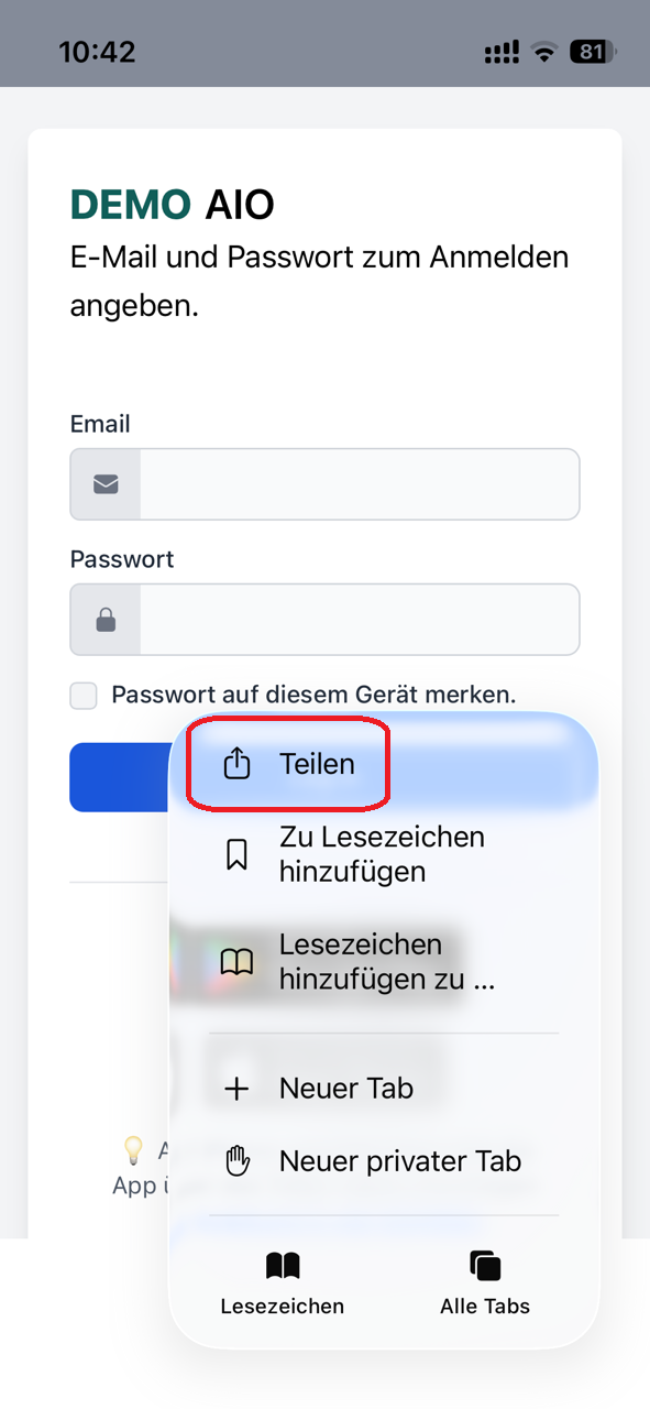 Safari-Menü mit dem Eintrag „Teilen“